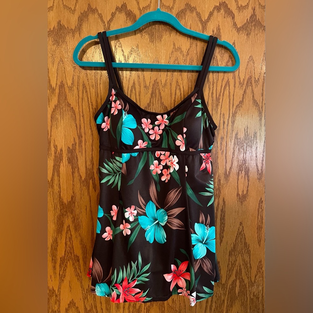 Floral Brown Swim Dress with Pink and Blue Accents Size 16